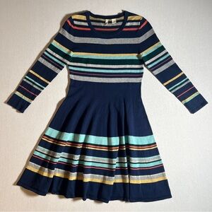 Anthropologie Moth Cotton + Wool Blend Long Sleeve Navy Blue Striped Dress, XS